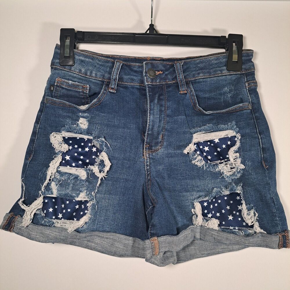 Judy Blue High Waist Star Patch Distressed Shorts SZ Small S Womens Jean Denim